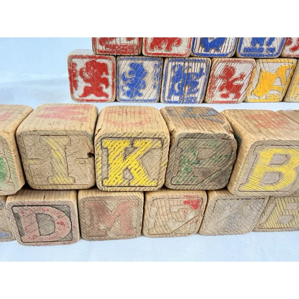 Vintage Wooden Alphabet Blocks‎ ABC Picture Toy Set 44 Nursery Rhyme Animals